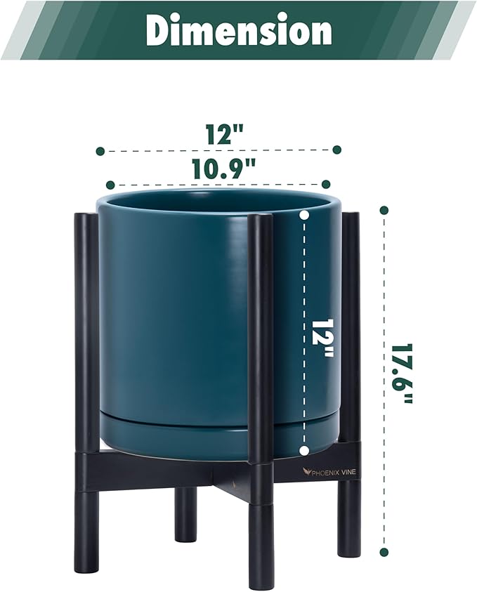 D'vine Dev Ceramic Planter with Ebony Stand - 12 Inch Modern Round Flower Pot with Wood Planter Holder, Teal, 55-B-H-4