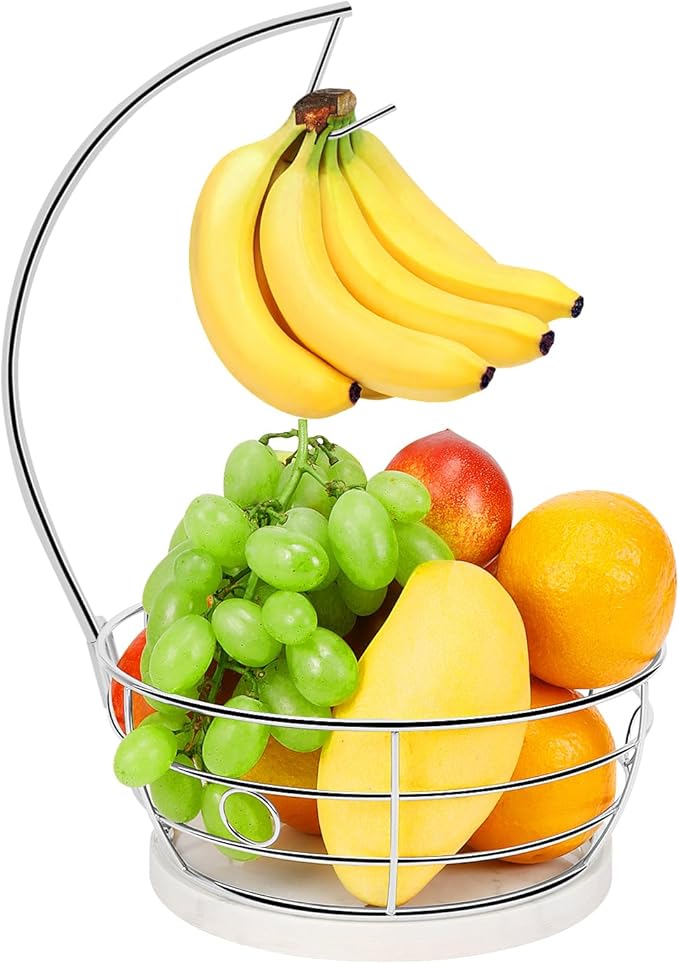 Livabber Countertop Fruit Basket Bowl with Banana Hanger, Modern Standing Fruit Vegetable Bowl Storage, with Banana Tree Holder for Kitchen Dinning Table (Round Marble, Chrome)