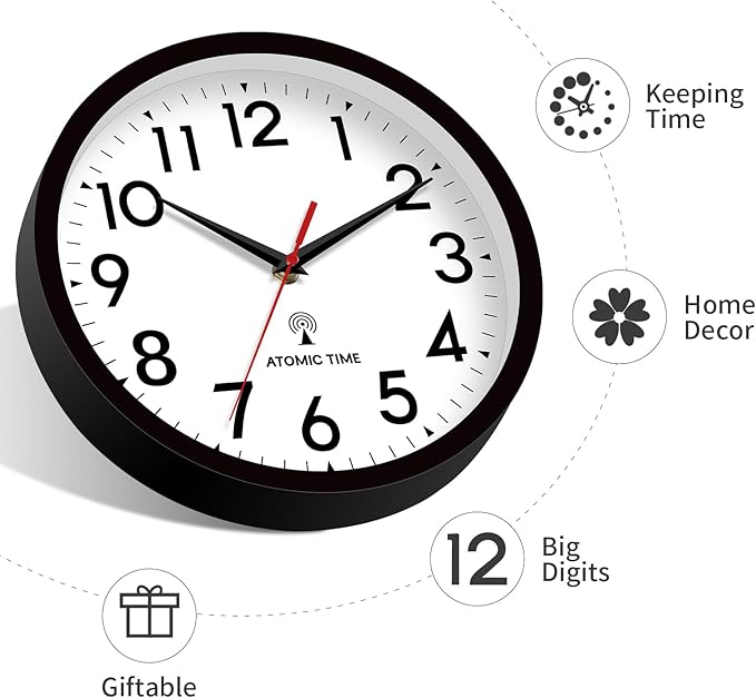 Atomic Wall Clock Analog 12 Inch Battery Operated Modern Decorative for Living Room Kitchen Office Bedroom Bathroom(Black)