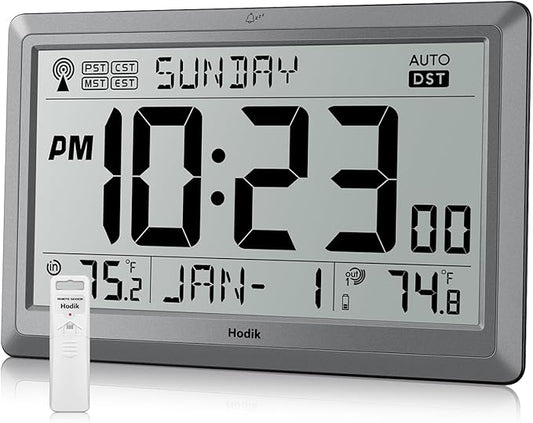 Wall Clock Atomic with Indoor Outdoor Temperature Battery Powered, Easy Reading with 10.5 Inch Large LCD Display, 330FT Range Table Wall Clock With DST, 12/24 Hour for Living Room Kitchen (Silver)