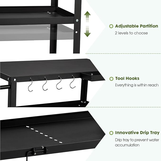 Outdoor Grill Cart Table,Indoor and Outdoor Pizza Oven Table,with 4 Movable Total Lock Casters, Hooks, Side Handle Multifunctional (Black)