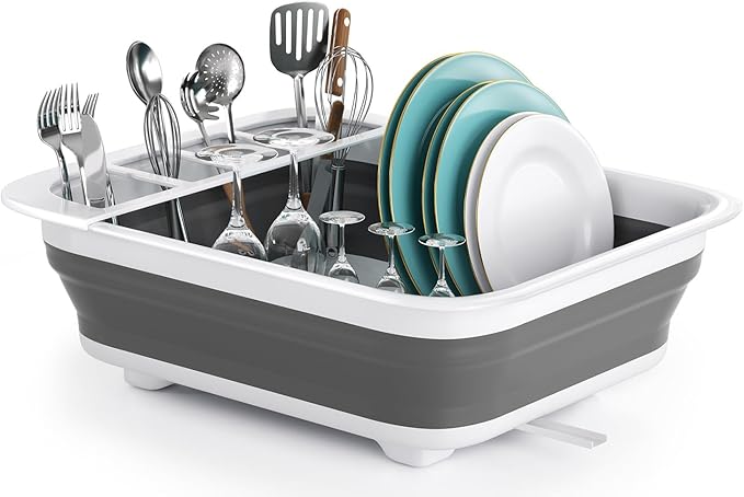 THANSTAR Collapsible Dish Drying Rack for RV Kitchen, Foldable Drainer Organizer for Kitchen Countertop, Space Saving Portable Dish Rack for Campers, Travel Trailer & Small Spaces, Easy Storage, Grey
