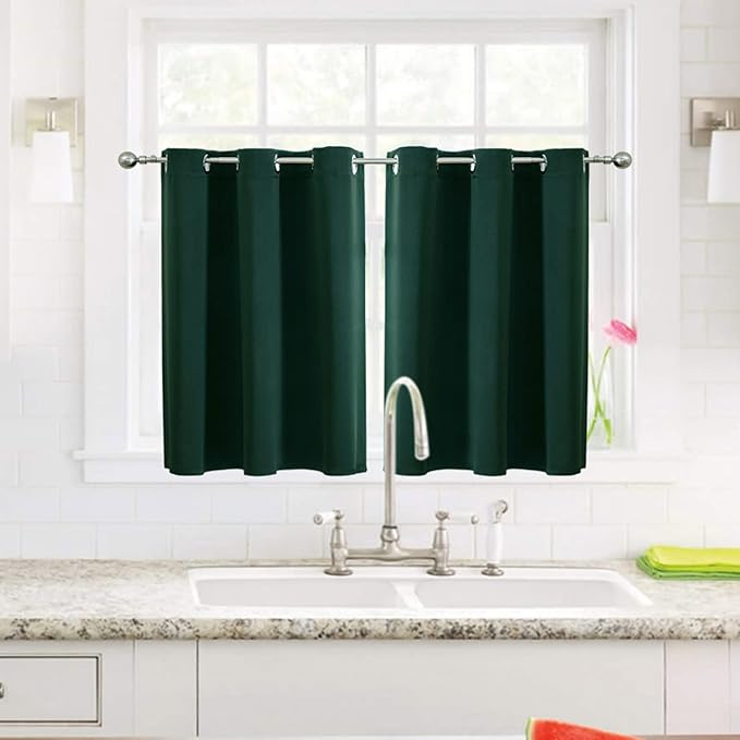 ChrisDowa Small Window Curtains for Kitchen and Bedroom - Grommet Short Thermal Insulated Room Darkening Curtains (2 Panels, Forest Green, 42 x 36 Inch)