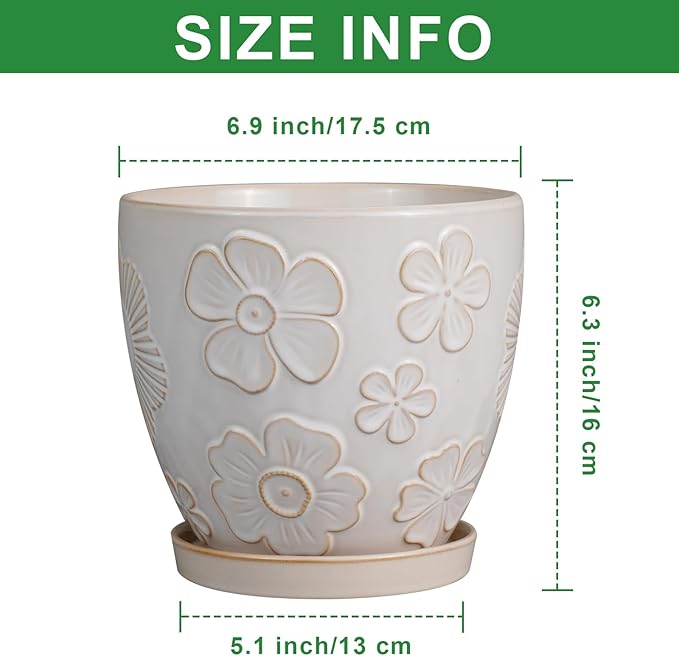 6.9 Inch Plant Pot with Drainage Hole and Saucer Ceramic Planter for Indoor Plant Flower Pot for Orchid Succulents Plants White