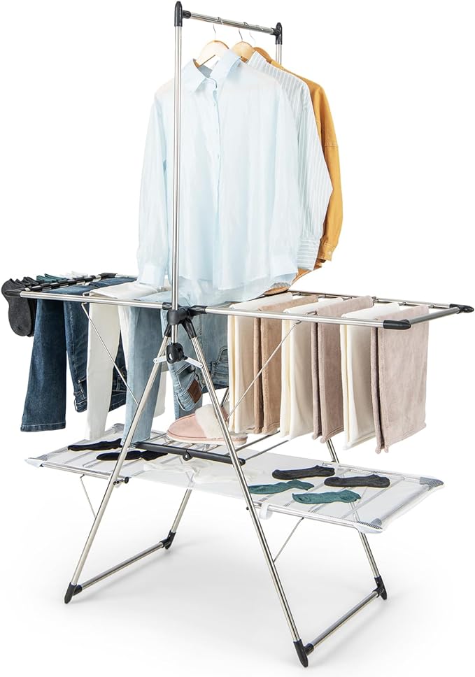 Tangkula Foldable Clothes Drying Rack, 2-Tier Laundry Drying Rack w/Tall Hanging Bar, Height Adjustable Gullwing, Freestanding Garment Stand for Indoor Outdoor Use