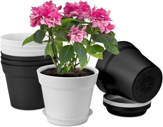 homenote Plant Pots,7.5 Inch Flower Pots for Plants Plastic Planters for Indoor with Multiple Drainage Holes and Trays, for All Home Garden Flowers Succulents,Outdoor(White&Black,8 Pack)