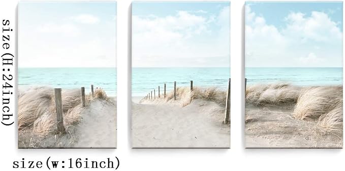 3 Piece Large Canvas Bedroom Wall Art Beach Blue Sea Blue Sky Print Picture Framed Wall Decor for Living Room Bathroom Modern Home Decor Artwork Ready to Hang Coastal Wall Decorations Size 16x24x3
