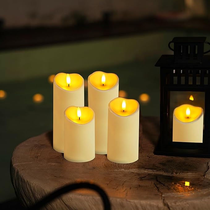 Homemory Outdoor Waterproof Flameless Candles, LED Candles, Battery Operated Candles with Remote and Timers, Electric Fake Plastic Pillar Candles, Dark Ivory, D3 H4 5" 6" 8" 8", Set of 5