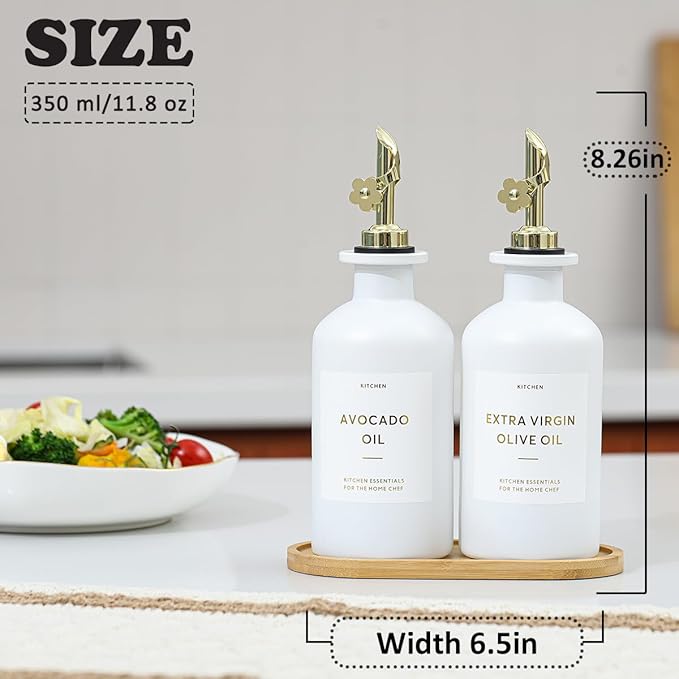 HOMCDALY Olive Oil Dispenser for Kitchen, 11.8oz Glass kitchen Dispenser Bottle, Gold Oil&Vinegar Cruet Set, Leakproof Oil Containers for Cooking| Set of 2 (11.8oz – Gold)