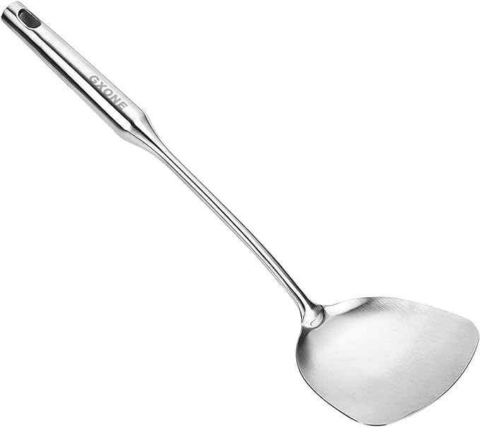 Wok Spatula Stainless Steel, Wide Metal Spatula with Hollow Long Handle Wok Utensils,Silver/14.7Inch