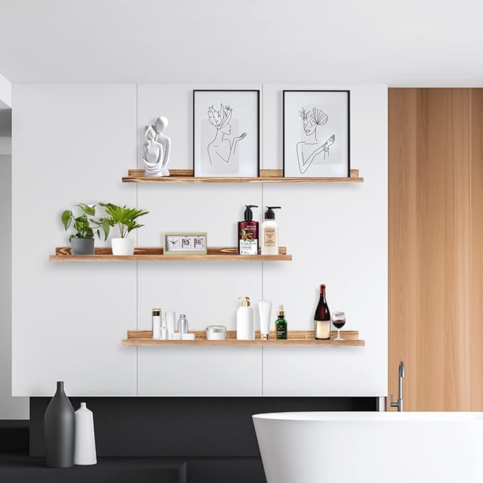 AZSKY Picture Ledge Shelf Wall Ledge Floating Shelves for Photo Frames Kids Book Shelves Wall Mounted Burnt Wall Display Shelf Wooden Frame Ledge 48 Inches Set of 3 Bathroom Organizer Shelves