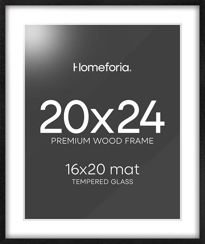 Homeforia Black Wood Frame 20x24, High End Oak 20x24 Wooden Picture Frames with Mat 16x20 Photo, 20 x 24 Poster Frame Matted to 16 by 20 Print, 24x20 Hanging Frames, Tempered Glass, Wall Kit, Set of 1
