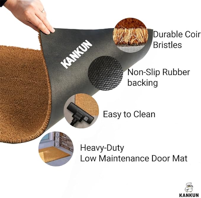 KANKUN Coco Coir Door Mat with Heavy Duty Backing, Welcome Doormat (17" x 30"), Doormat Entrance (Welcome2)