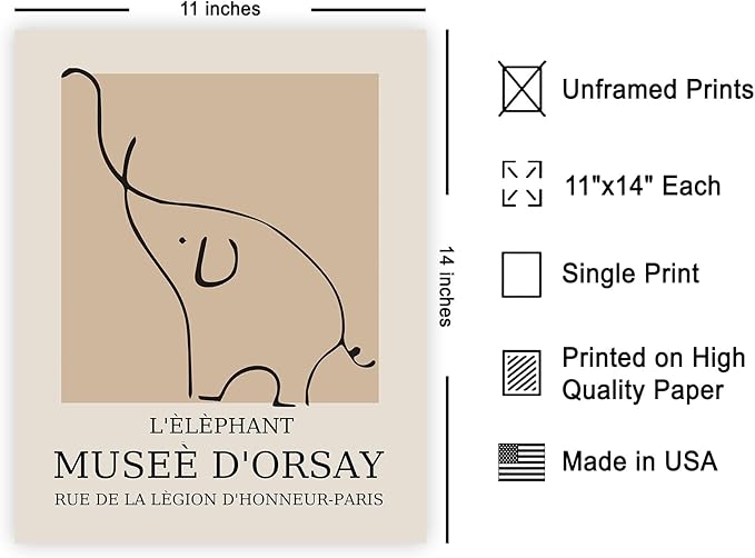 Poster Master Vintage Poster - Retro Elephant Print - Line Drawing Art - Sketch Wall Art - Gift for Boys & Girls - Cute Wall Decor for Bedroom, Kid's Room or Nursery - 11x14 UNFRAMED Wall Art