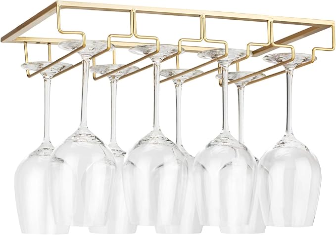 Wine Glass Rack Under Cabinet - Stemware Holder Metal Wine Glass Organizer Glasses Storage Hanger for Bar Kitchen Gold 4 Rows