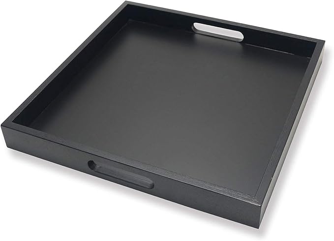 Square Wood Serving Tray with Handle, Ottoman Decorative for Home, 16x16 inches Black