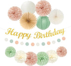 Sage-Green Blush-Pink Birthday Garland Party-Decorations - 14pcs Happy Banner 21st Spring Paper Flowers Lanterns Beige Tissue Pom Poms,Boho Streamers Fans,Neutral Rustic Hanging Supplies Decor Hugfond