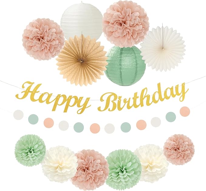 Sage-Green Blush-Pink Birthday Garland Party-Decorations - 14pcs Happy Banner 21st Spring Paper Flowers Lanterns Beige Tissue Pom Poms,Boho Streamers Fans,Neutral Rustic Hanging Supplies Decor Hugfond