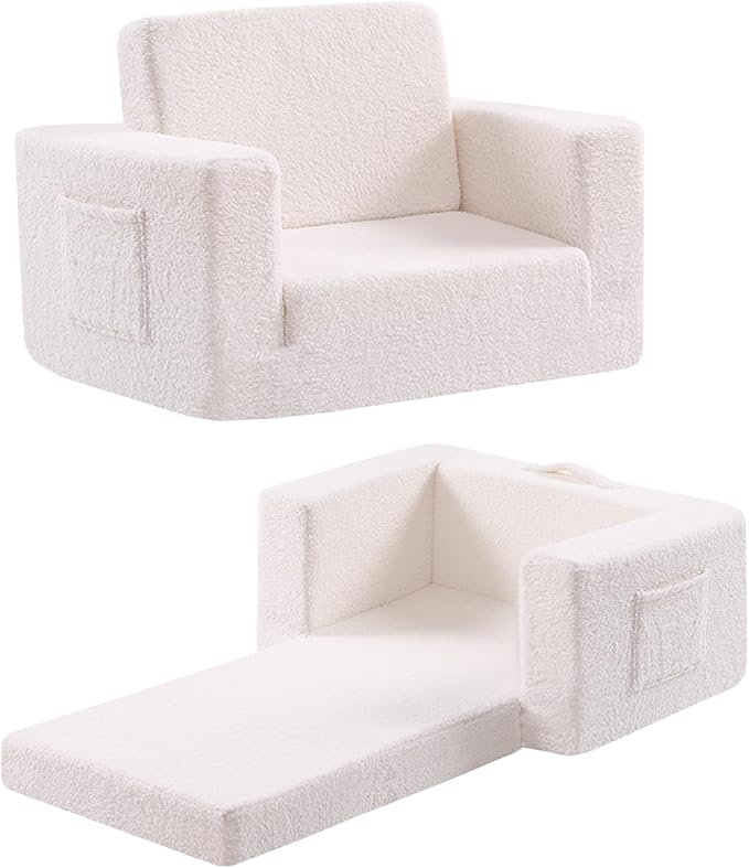 Toddler Chair Sherpa Kids Couch, 2-in-1 Soft Kids Sofa Lounger for Bedroom, Convertible Couch for Girls and Boys, Reading Chair, Beige