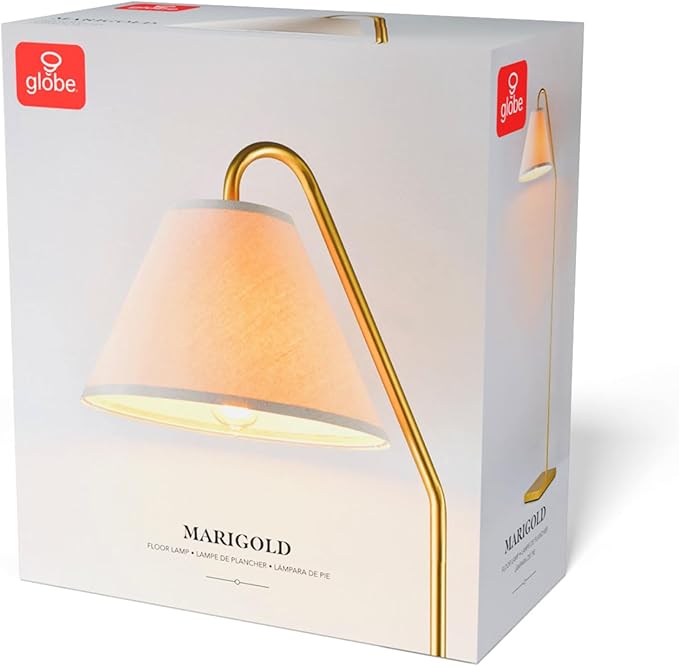 GLOBE Electric 61000147 62" Floor Lamp, Matte Brass, Beige Fabric Shade, On/Off Rotary Switch on Socket, 6-Foot Clear Cord, Reading Light, Bedroom, Living Room, Home Decor