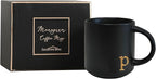 COLLECTIVE HOME - Black Monogram Ceramic Mugs, 15 oz Golden Initial Coffee Cups, Elegant Alphabet Tea Mugs, Personalized Halloween Mug with Gift Box, Perfect for Office and Home Décor (p)