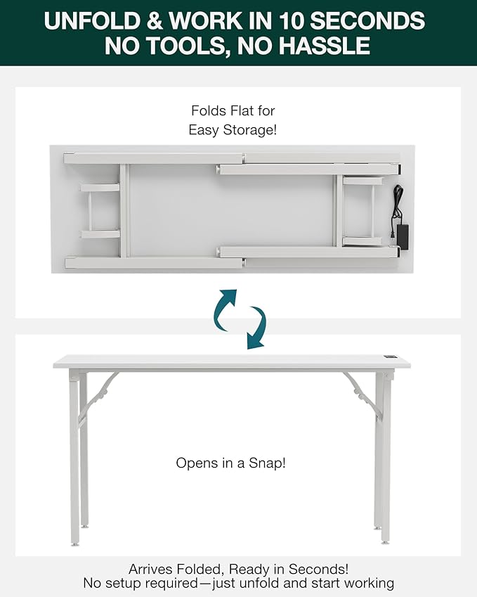 Frylr Small Folding Computer Desk – 55.1 Inch Portable Table for Craft and Study, Lightweight Desk for Small Spaces, Foldable Laptop Table Built-in AC/USB Outlets for Convenience, White