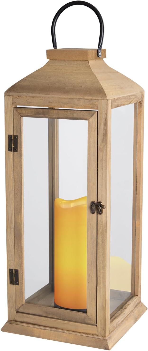 Large New Zealand Pine Lantern With Flameless Pillar Candles - IP65 Waterproof Decorative for Home Decor, Indoor Outdoor, Front Porch, Garden, Farmhouse Style