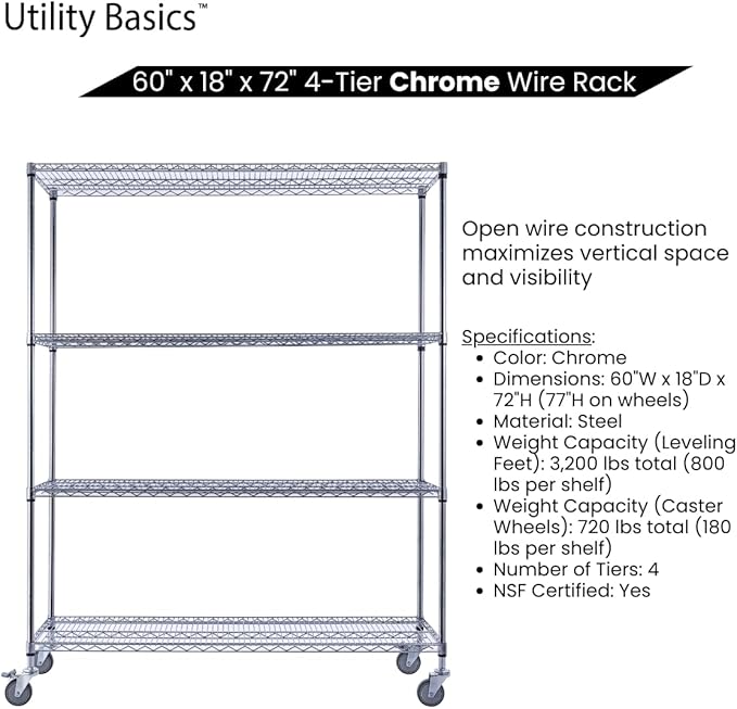 60"x18"x72" Chrome Premium Metal Steel Wire Shelving 4-Tier NSF 3200 LBS MAX Capacity Heavy Duty Storage Rack for Garages, Commercial Spaces, Hospitals, & Schools w/Premium Wheels