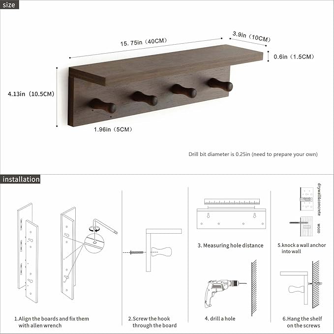 Entrance Coat Rack ，Coat Hooks, Wall-Mounted Wooden Hook Rack, Wall-Mounted Shelves are Very Suitable (Walnut Colored Finish-1)