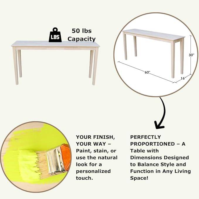 IC International Concepts Extended Length Shaker Console Table, 60" W x 16" D x 30" H Real/Solid Parawood, Kitchen/Dining, 50 Lbs. Wt. Capacity, DIY, Paint/Stain In Any Color, Unfinished