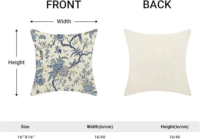CXMEIFLY Spring Floral Birds Pillow Covers 16 x 16 Inch Set of 2 for Chinoiserie Flowers Decor Throw Pillows Blue and White Plant Outdoor Decorative Cushion Cases for Couch Bed Decorations