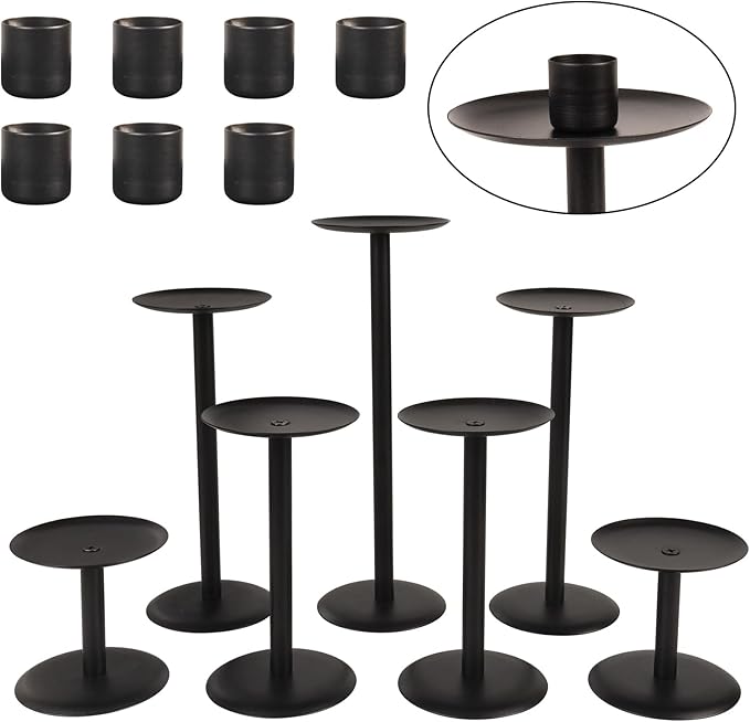 Set of 7 Metal Black Candle Holders, Assemblable Pillar and Taper Candlesticks, Halloween Fall Thanksgiving Day Dining Table Centerpieces Decor, Mantle Fireplace Candle Sticks Decorations