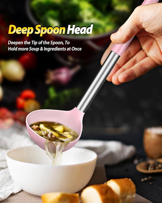 Silicone Pasta Fork and Ladle Spoon Set, Large Non Stick Kitchen Utensils for Cooking,Stirring,Serving Spaghetti, Soup, Sauce (PINK)