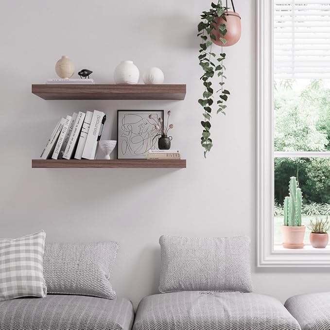 Floating Shelf, Set of 2 Wall Shelf, 24 in W x 12.75 in D x 2 in H Wooden Floating Wall Shelf with Invisible Brackets for Living Room/Bedroom/Bathroom/Kitchen Storage and Decor, Walnut