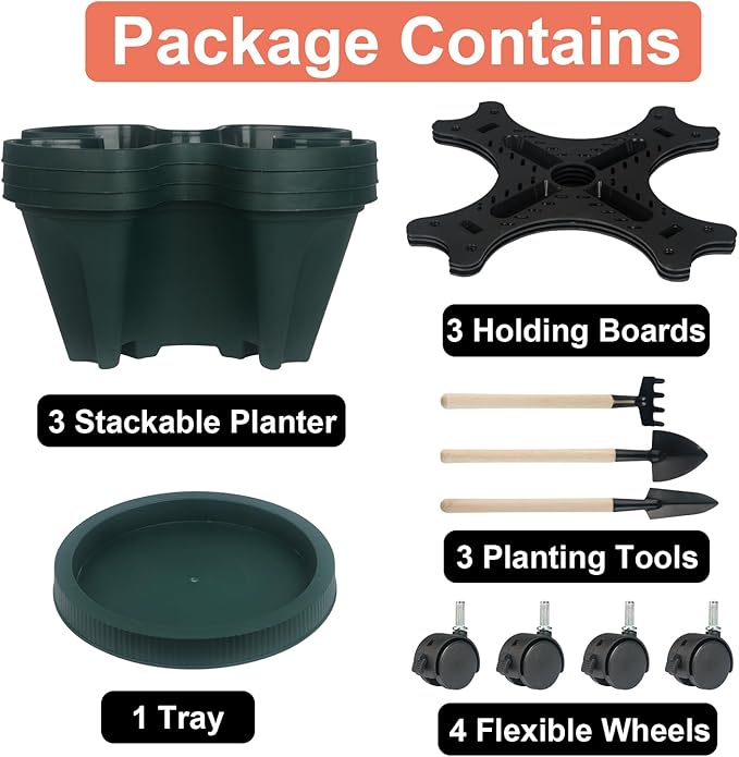 Vertical Planter 3 Tier Stackable Planters Garden Planters Strawberry Herb Flower and Vegetable Planter Indoor Outdoor Gardening Pots with Removable Wheels and Tools