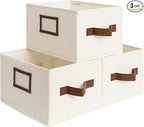 StorageWorks Storage Baskets for Shelves, Foldable Fabric Closet Storage Bins with PU Handles, Fabric Storage Bins Clothes Organizer, Ivory White, 3-Pack, Small