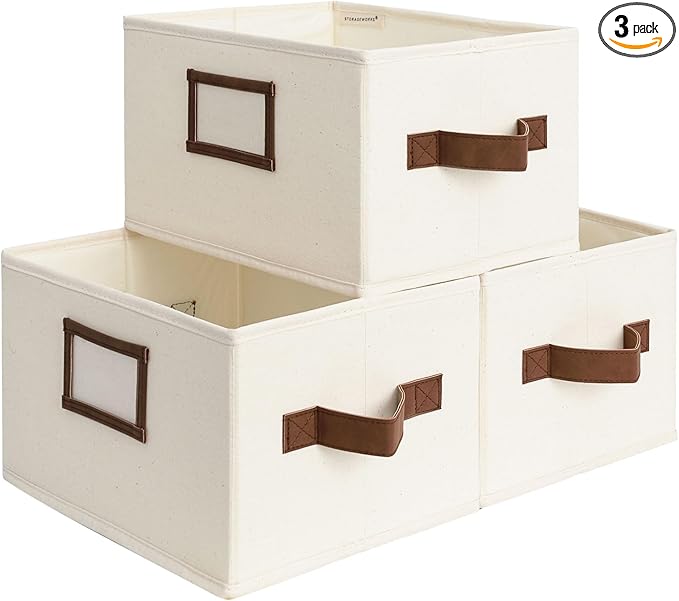 StorageWorks Storage Baskets for Shelves, Foldable Fabric Closet Storage Bins with PU Handles, Fabric Storage Bins Clothes Organizer, Ivory White, 3-Pack, Small