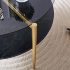 Round Coffee Table for Living Room, Mid-Century Modern Design, D30 x H17, 2-Tier Structure, Grey Glass Top and Black Marble Finish Wood Shelf, Sleek Conical Metal Legs with Gold Finish Frame