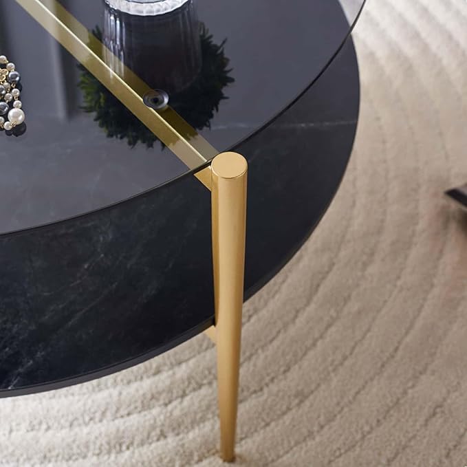 Round Coffee Table for Living Room, Mid-Century Modern Design, D30 x H17, 2-Tier Structure, Grey Glass Top and Black Marble Finish Wood Shelf, Sleek Conical Metal Legs with Gold Finish Frame