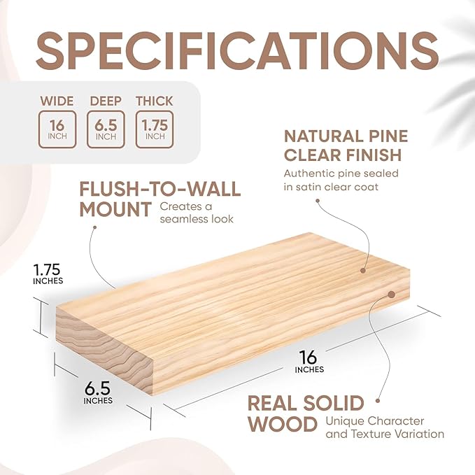 Homeforia 16 inch Natural Floating Shelf, High End Solid Real Wood 16inch Small Floating Shelves for Wall Mounted, Natural Wooden Floating Shelves, Heavy Duty Bracket, 16 X 6.5 X 1.75 in, Set of 2