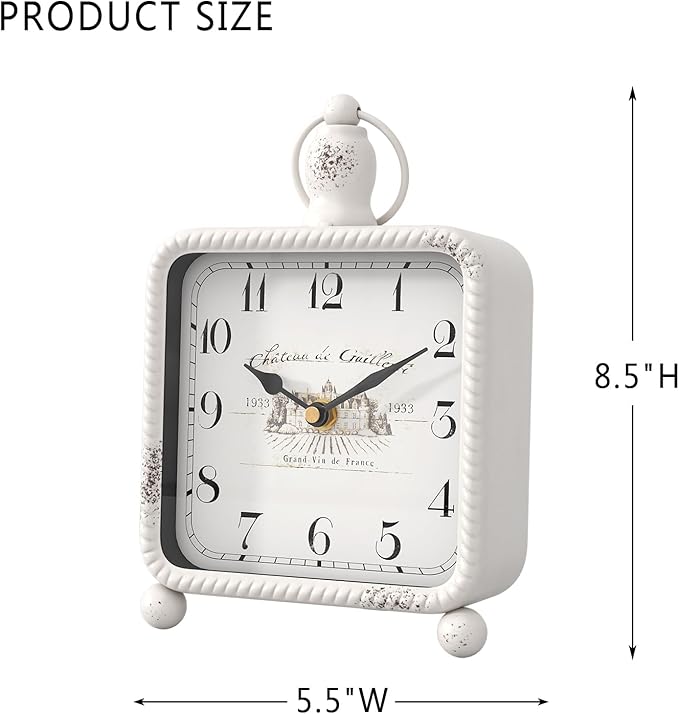 Vintage White Table Clock on Stand, Desk and Shelf Decor Clock, French Rustic Style Non-Ticking Mantel Clocks for Farmhouse, Living Room, Bedroom, Bedside, Gift (8.5" H x 5.5" W)