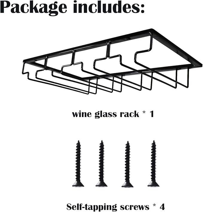 4 Rows Wine Glass Rack Under Cabinet Hanging Stemware Wine Glass Holder Under Shelf Wire Wine Glasses Racks Hanger for Bar, Kitchen (1, 4 Rows)