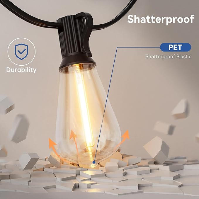 100 FT Outdoor String Lights for Outside, IP65 Waterproof ST38 LED Shatterproof Bulbs, Dimmable & Timable, 3 Light Modes, Hanging Patio Edison Lights for Porch Backyard Cafe Bistro