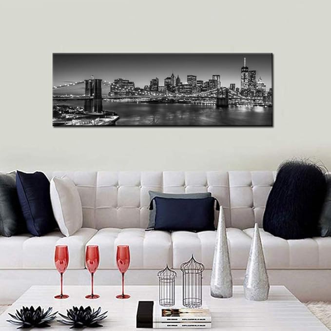 Biuteawal - Black and White Brooklyn Bridge Canvas Wall Art New York City Picture Print Manhattan Night Skyline Painting on Canvas Modern Home Office Wall Decoration Ready to Hang