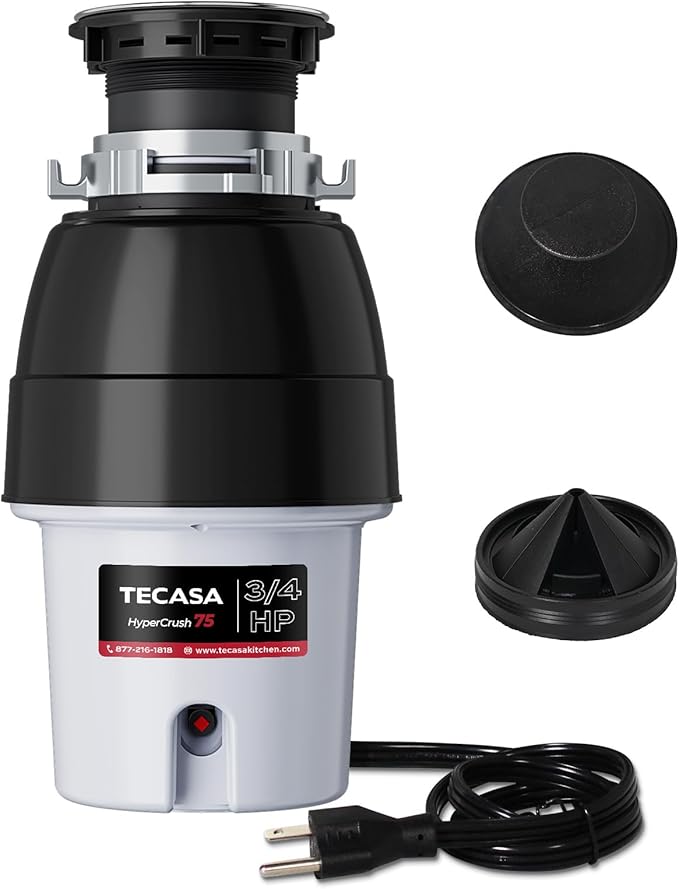 3/4 HP Corded Garbage Disposal for Kitchen Sinks, TECASA Continuous Feed Food Waste Disposer, Sound Reduction, Power Cord Included, Grey and Black - HyperCrush 75
