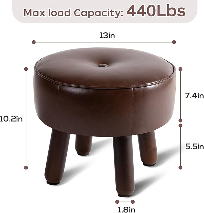 Small Foot Stool Ottoman, Round Pouf Foot Rest, Footstool Ottomans with Rubber Legs Under Desk, Faux Leather Footrest for Couch, Living Room, Bedroom, Office, 13''L x 13''W x 10.2''H, Coffee
