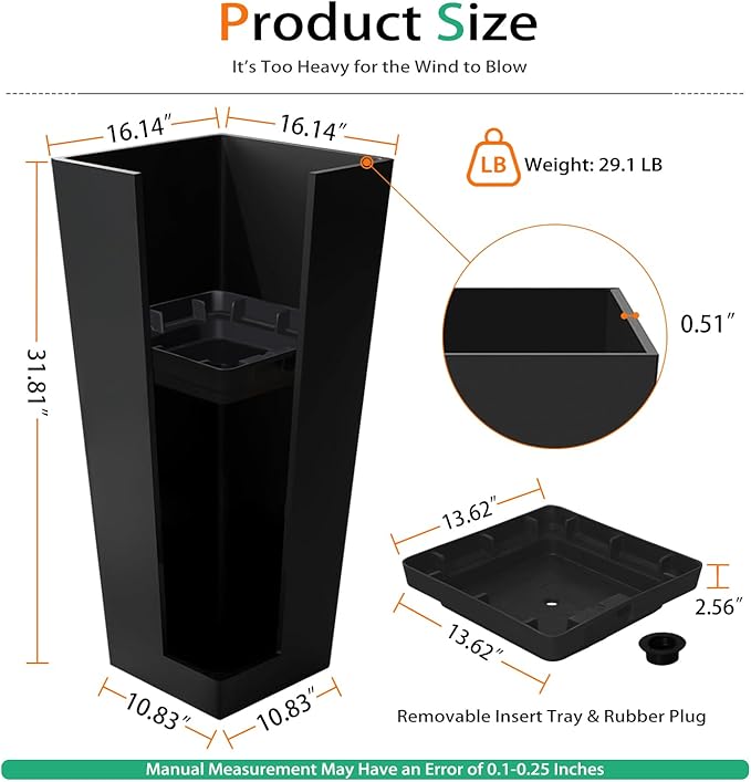 Tall Planters for Outdoor Plants, Large Resin Flower Pots for Garden, Front Porch, Patio, Indoor - Set of 2 (Black, 32 inch - 2 Pack)