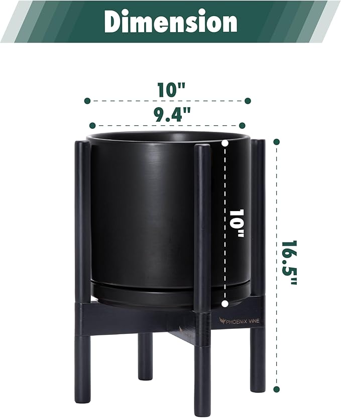 D'vine Dev Ceramic Planter with Ebony Stand - 10 Inch Modern Round Flower Pot with Wood Planter Holder, Black, 55-B-L-2