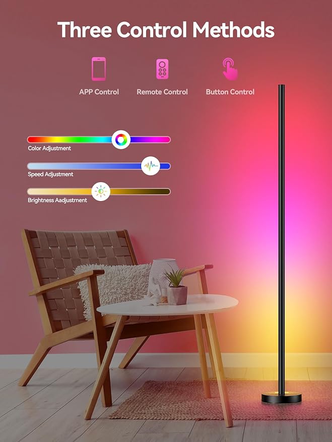 Smart RGBICW LED Corner Floor Lamp - 16 Million DIY Colors, 68+ Scenes, Music Sync, App & Remote Control, Color-Changing Ambient Lighting for Living Rooms, Bedrooms, and Gaming Rooms