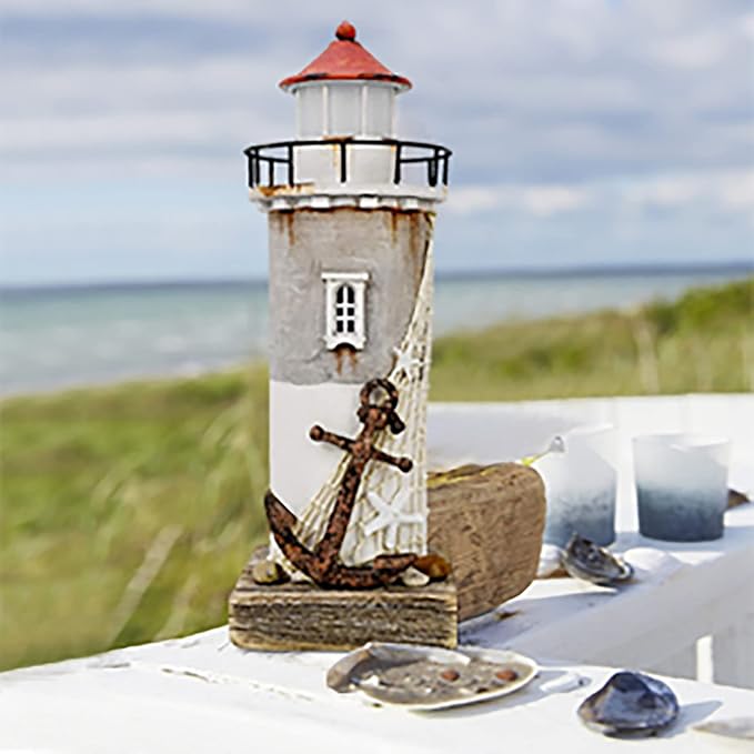 Linfevisi Wood Lighthouse Decor Rustic LED Light House Decor Wooden Decorative Nautical Lighthouse Statue Coastal Beach Themed Lighthouse Handcrafted Tabletop Decoration Home Bathroom (11.4")